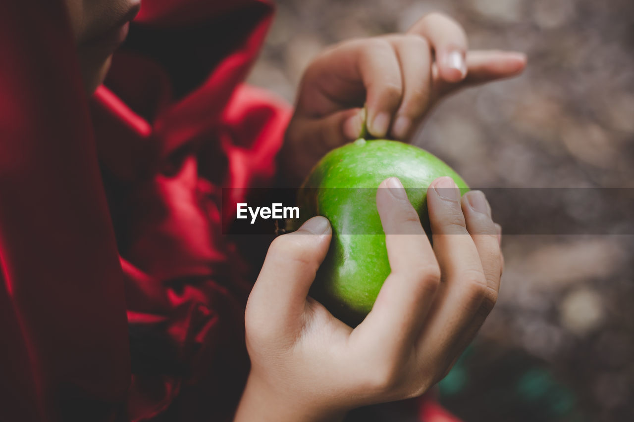 Midsection of woman holding granny smith apple