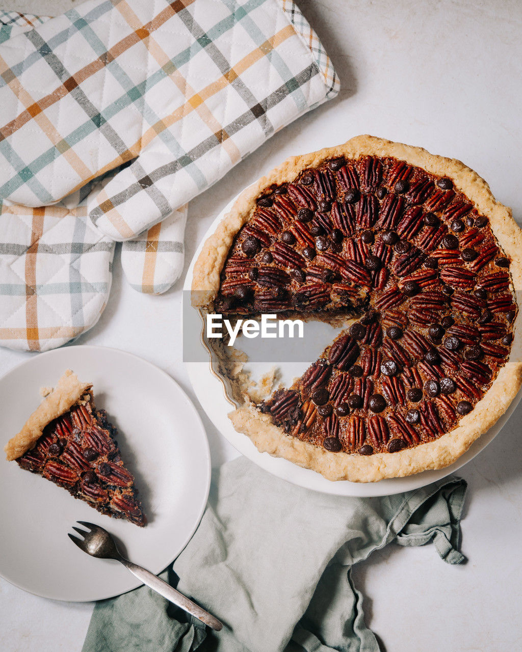 High angle view of pecan chocolate pie on table