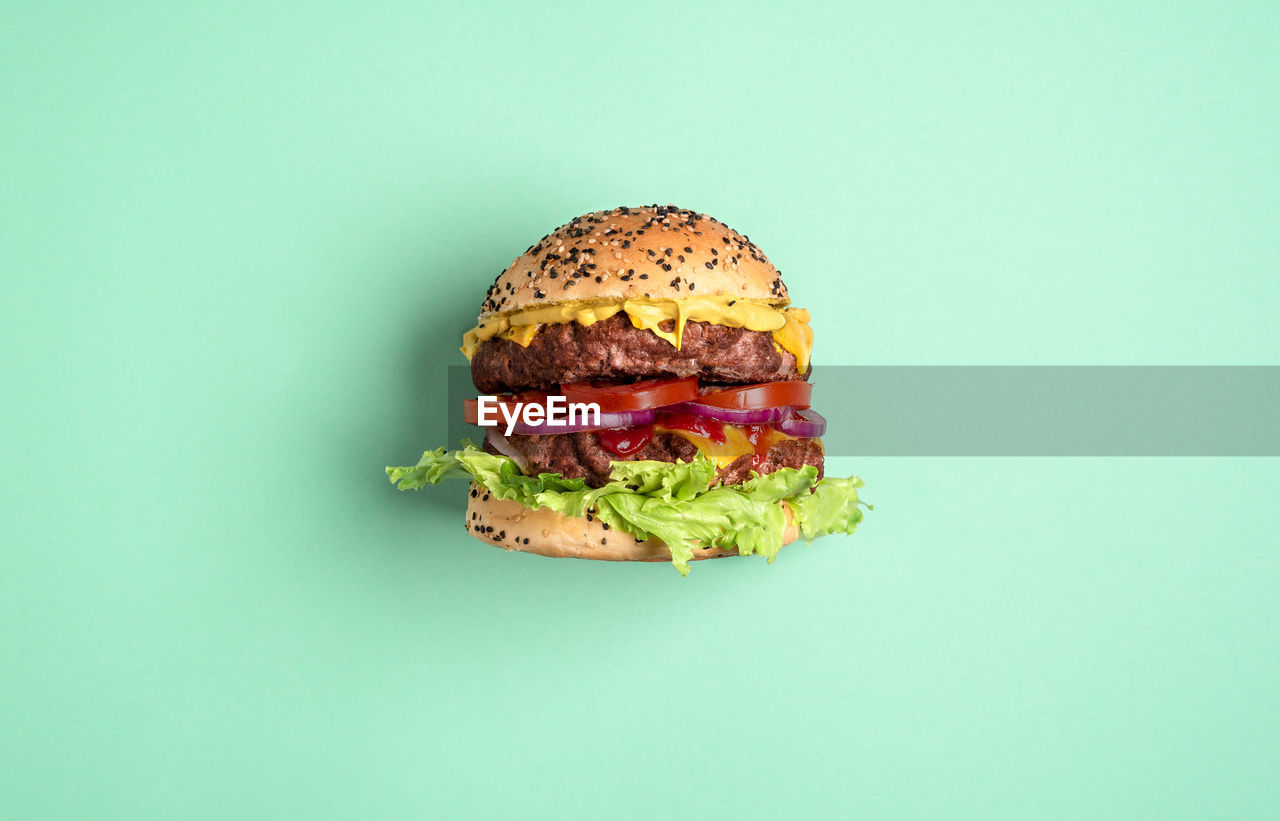 Homemade burger with double beef patties, cheese, and salad isolated on a green-mint background. 