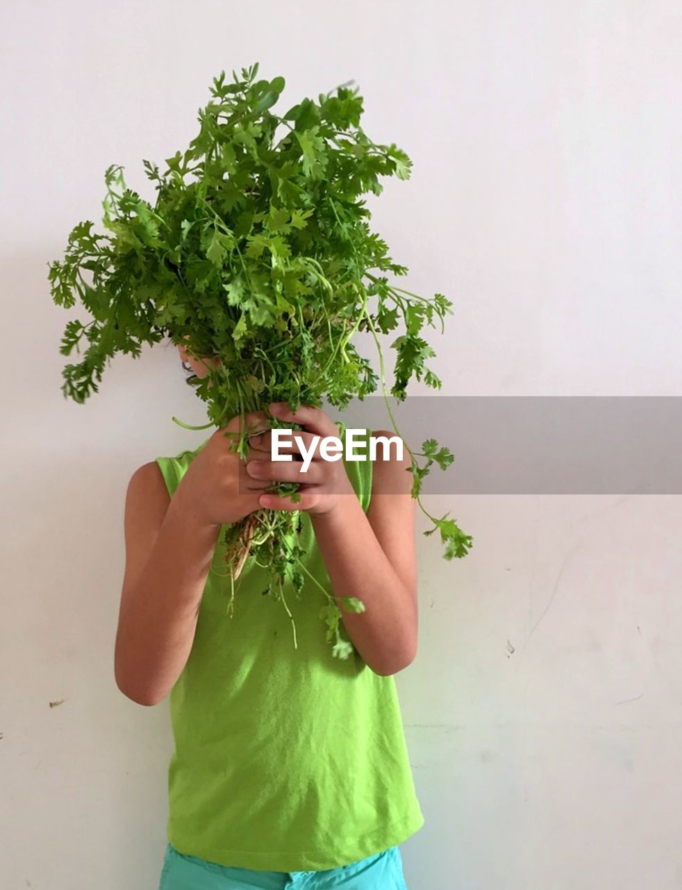 Boy holding herbs while standing against wall