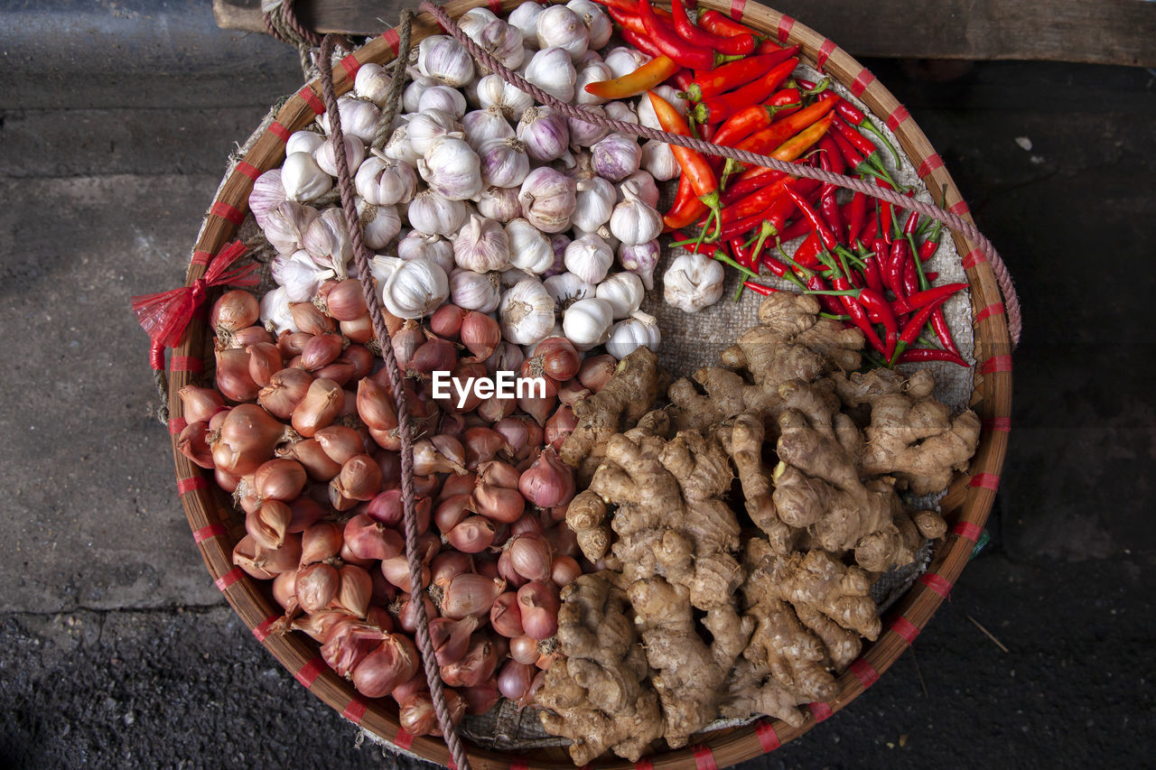 High angle view of vegetables in market