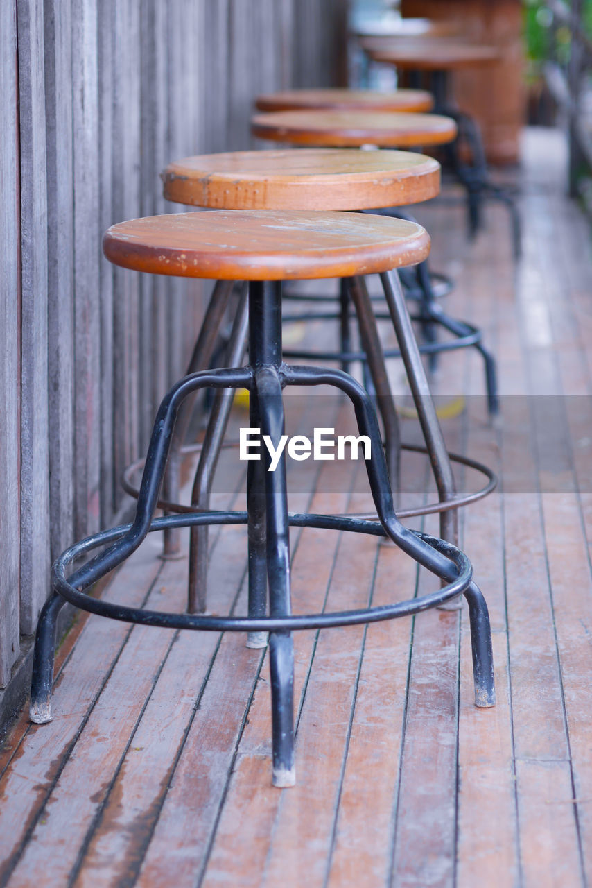 EMPTY CHAIRS AND TABLE AT CAFE