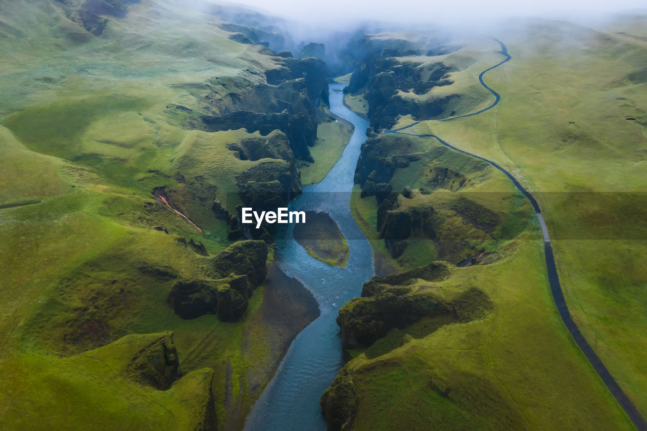 Aerial view of fjadrargljufur volcanic canyon iceland on moody overcast weather