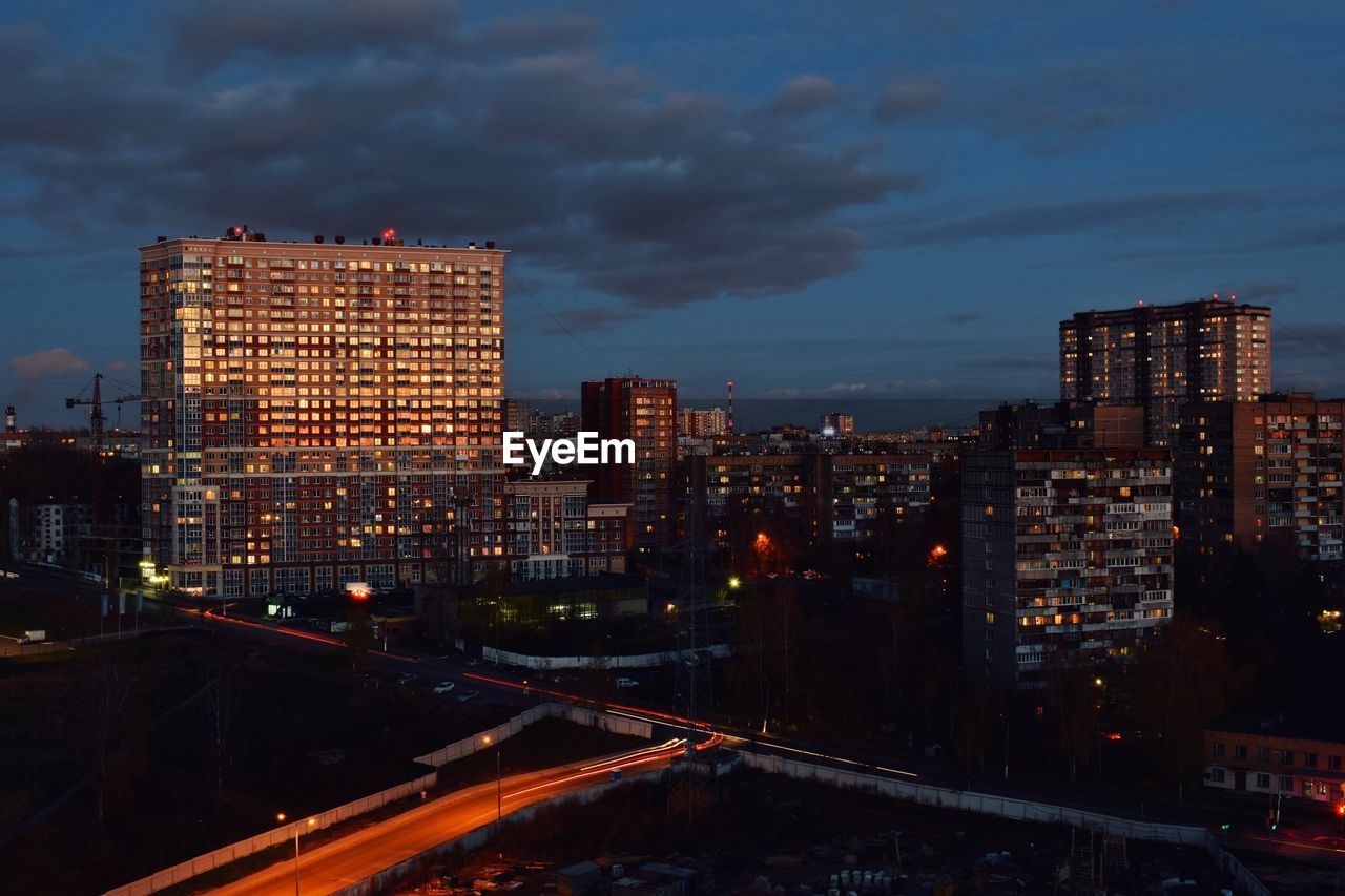 View of city lit up at night