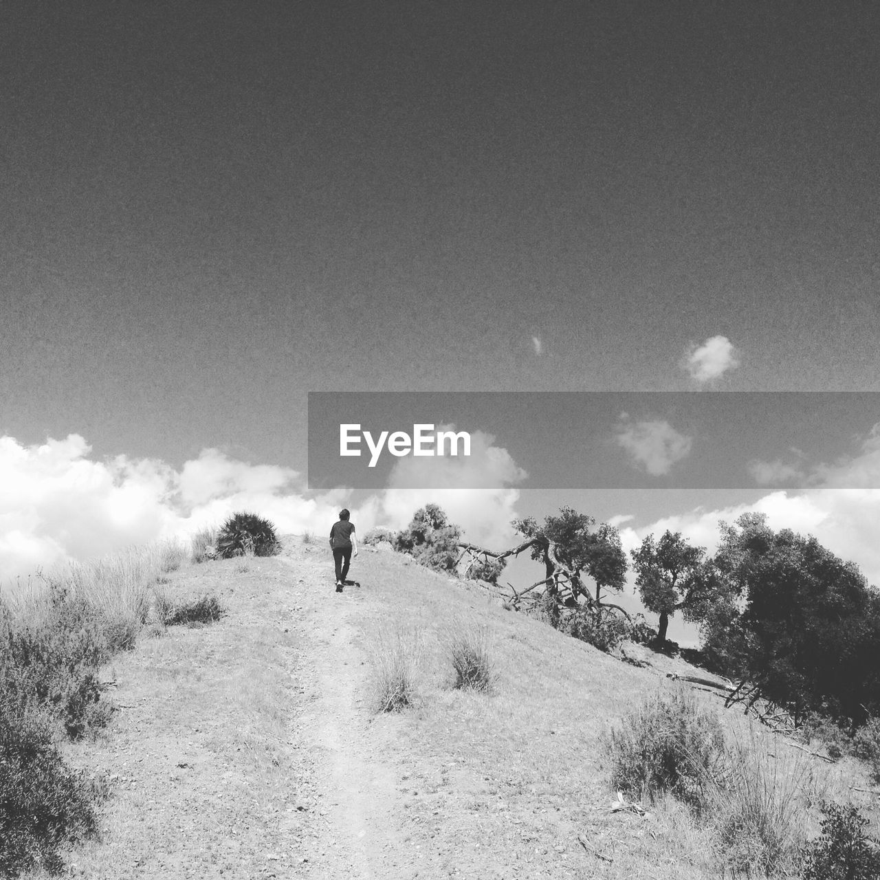 Rear view of man walking on dirt road against sky