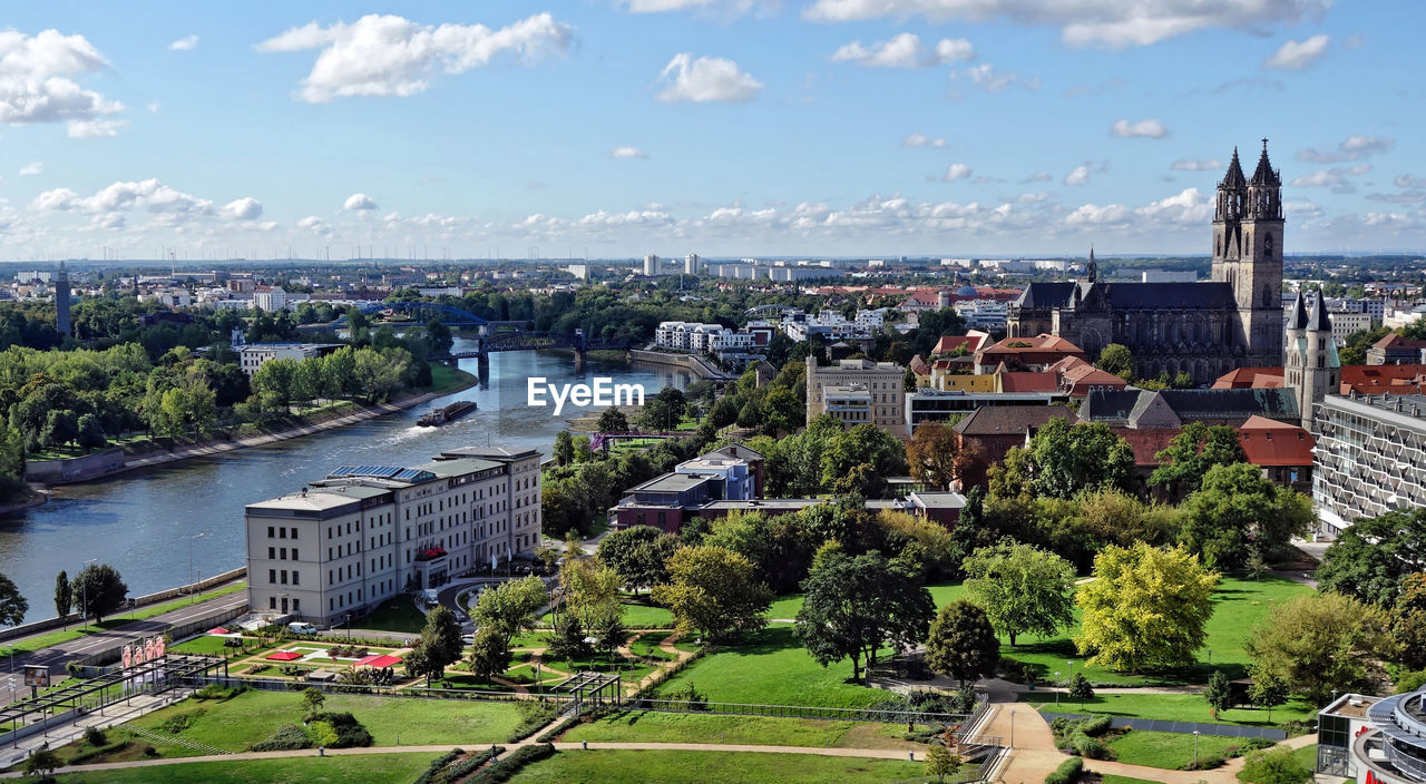 High angle view of buildings in city