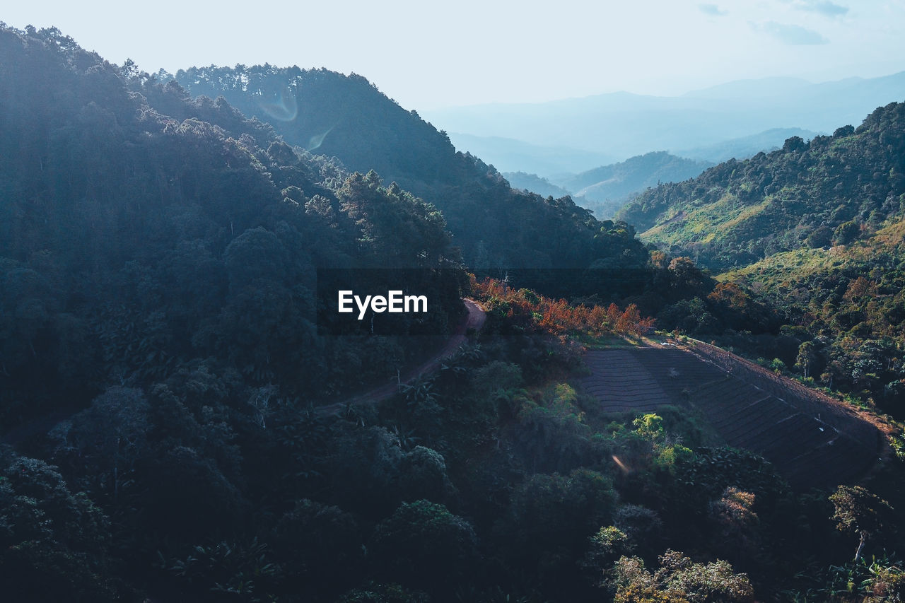 High angle view of trees and mountains against sky