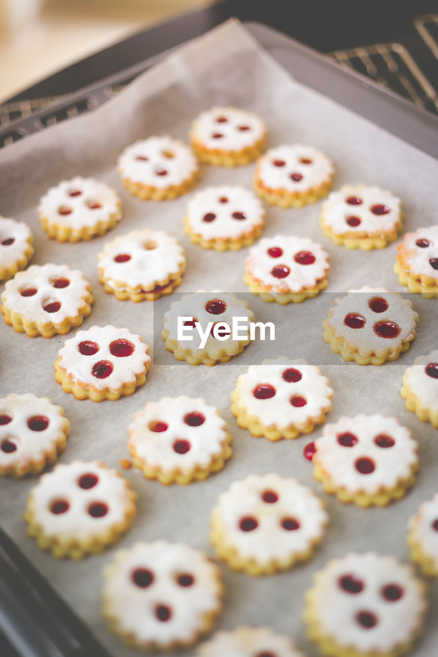 High angle view of cookies in baking sheet