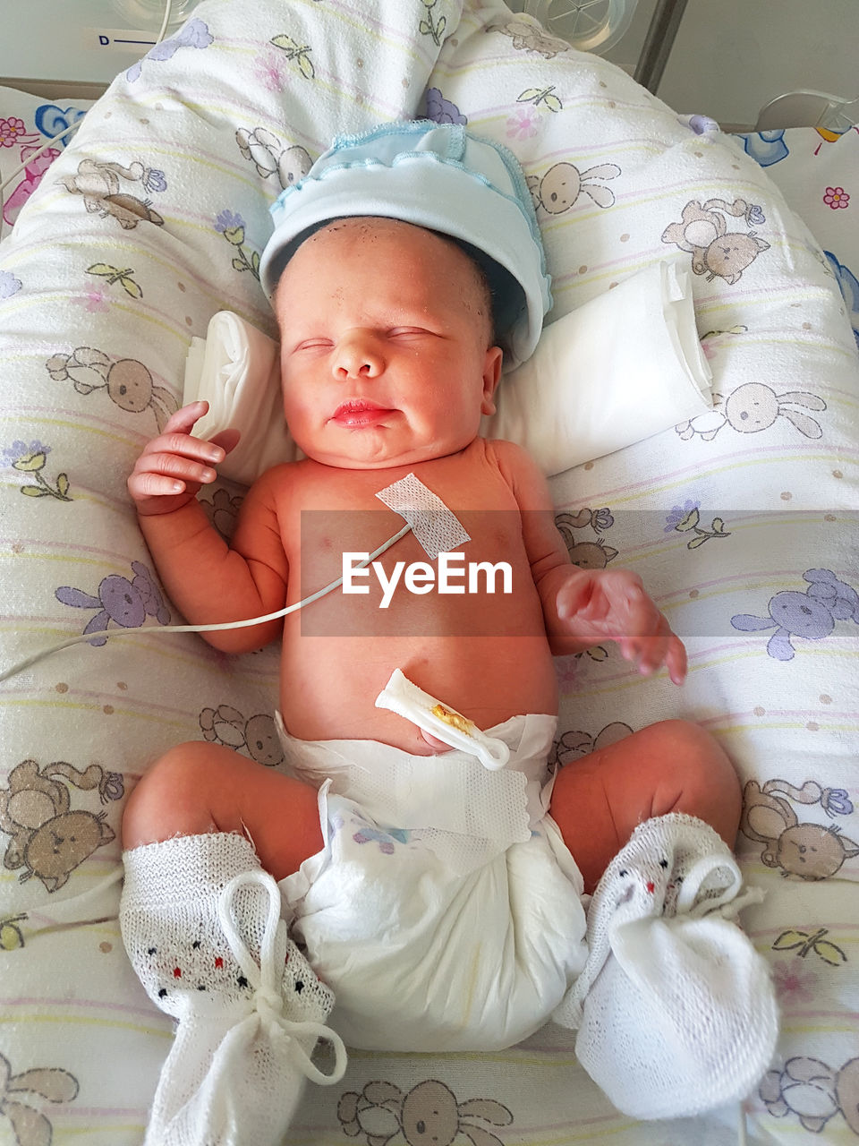 Cute baby lying in incubator