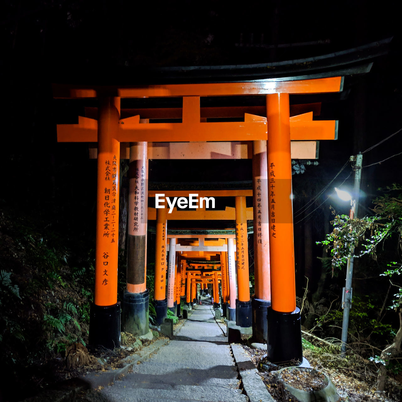 Japanese temple gates in kyoto at night.