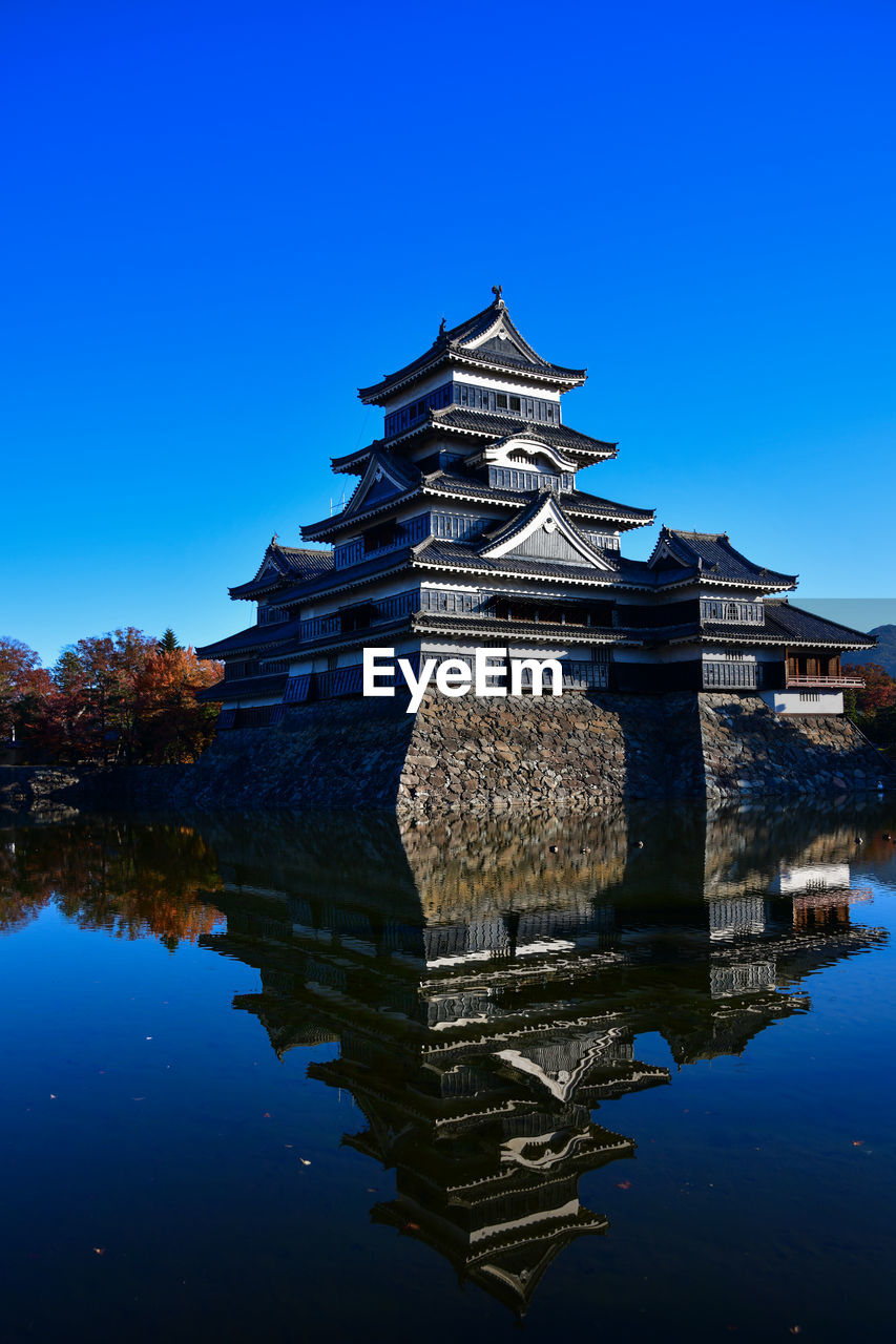 REFLECTION OF BUILDING IN LAKE AGAINST BLUE SKY