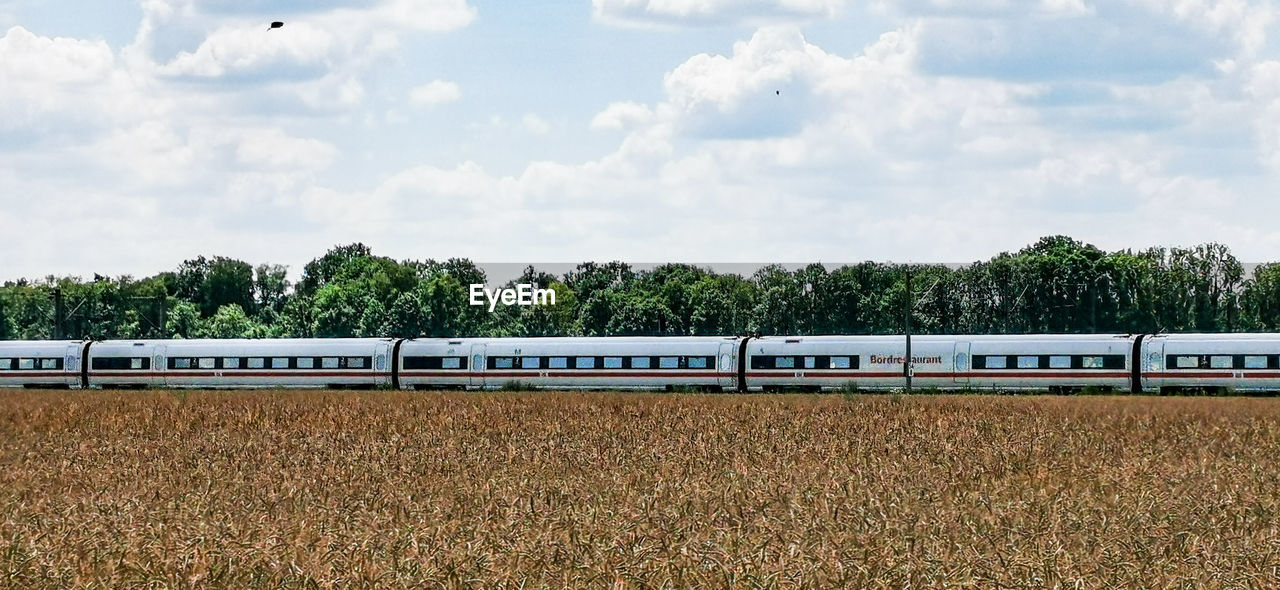 TRAIN ON FIELD AGAINST CLEAR SKY