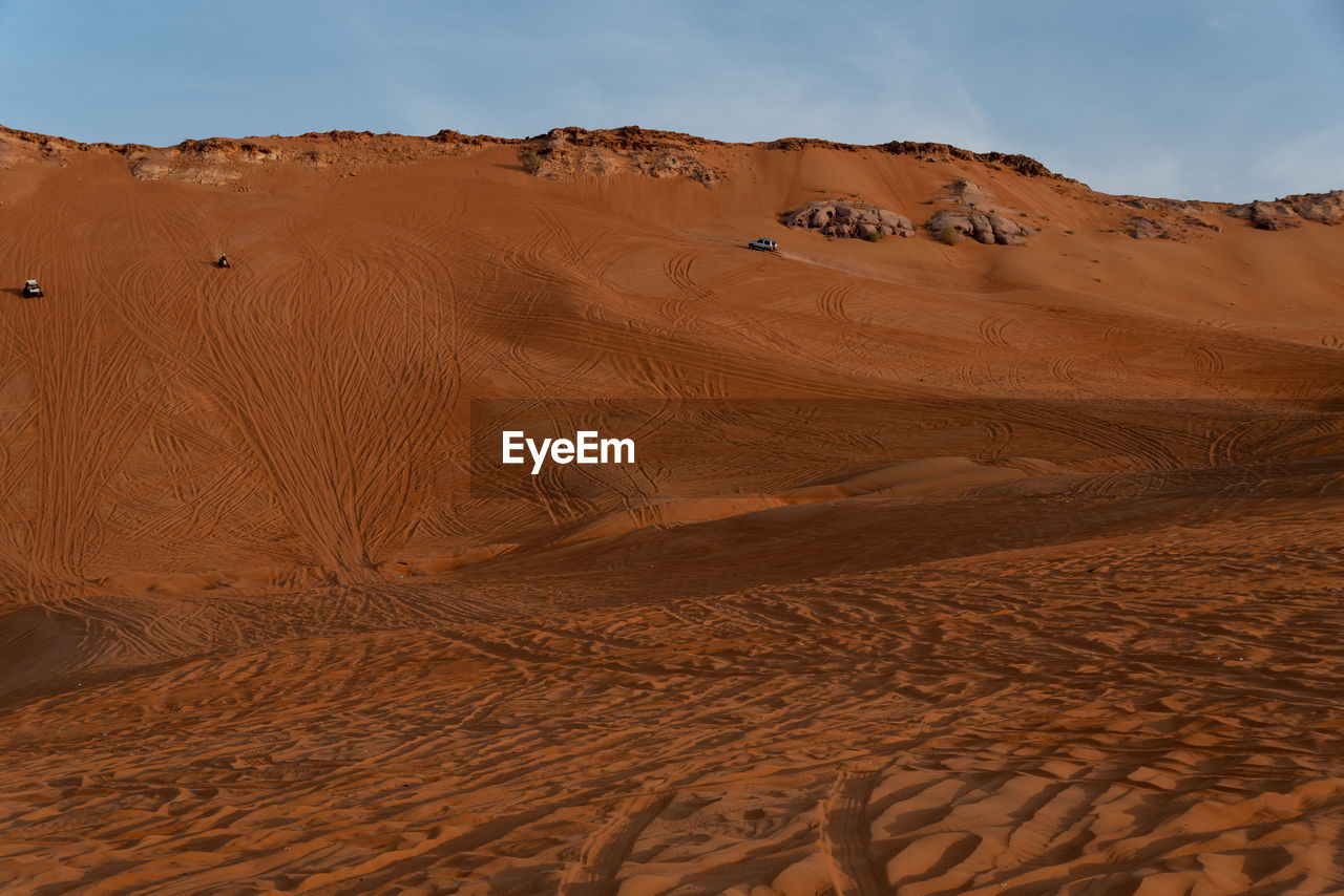 Scenic view of sand dunes in desert against sky