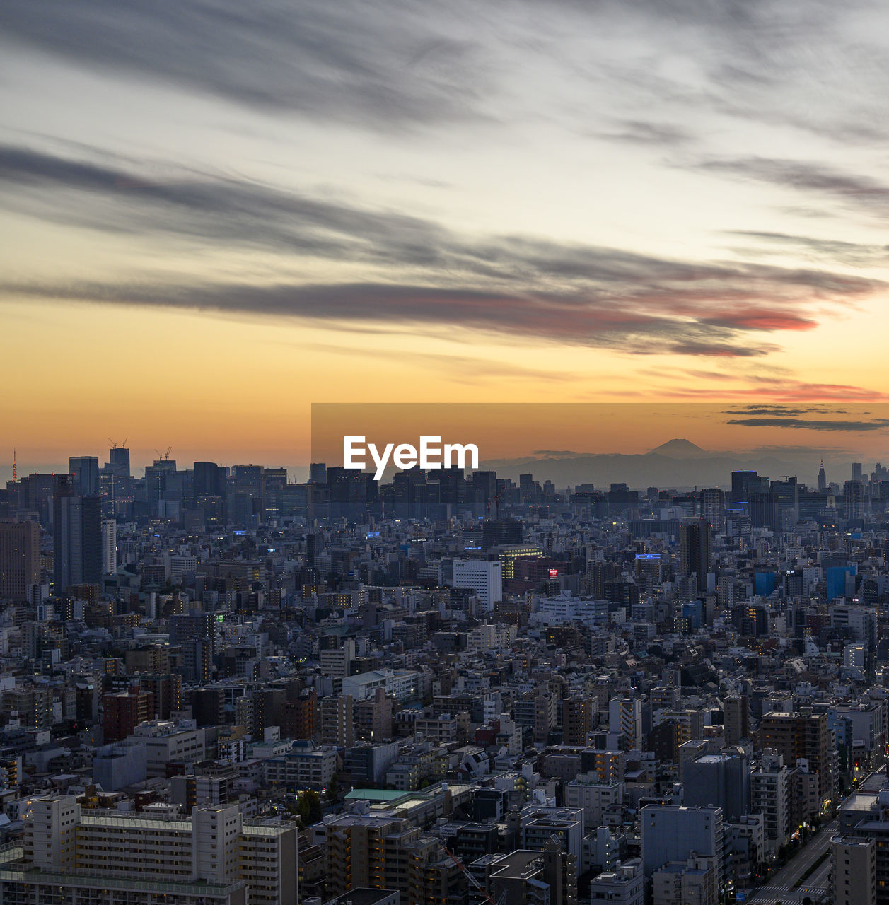 Sunset on tokyo cityscape with mount fuji in the back.