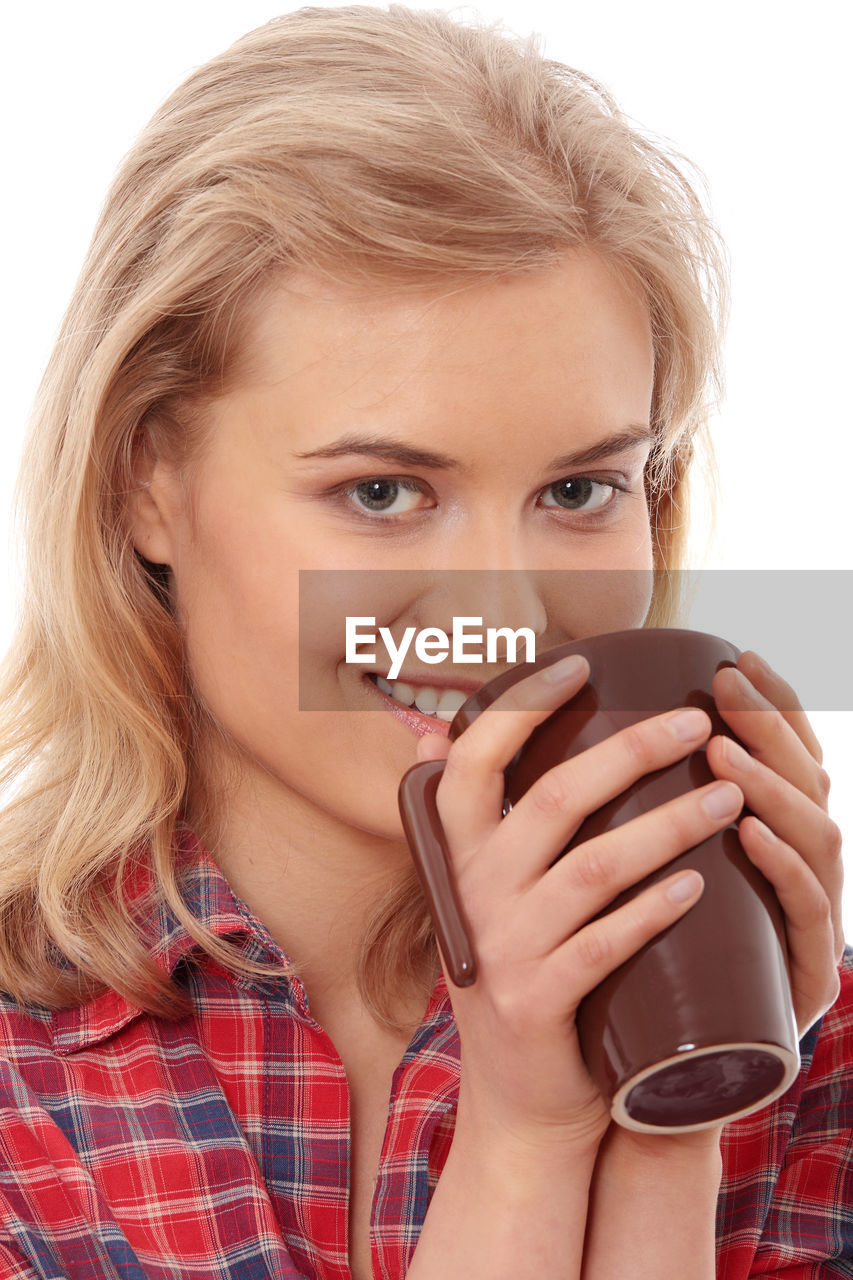 Woman coffee cup against white background