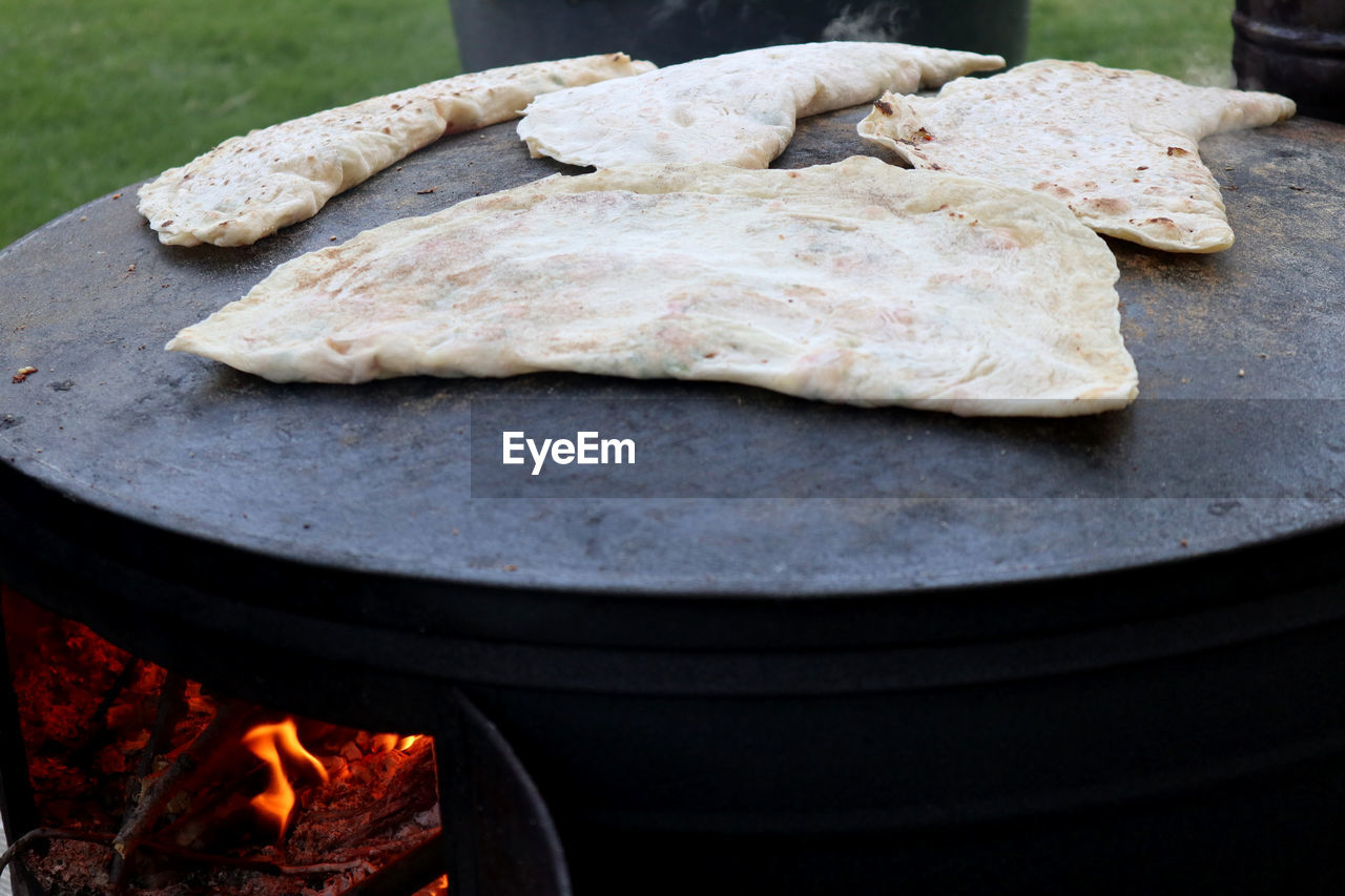 High angle view of gözleme a turkish dish on wood fired oven