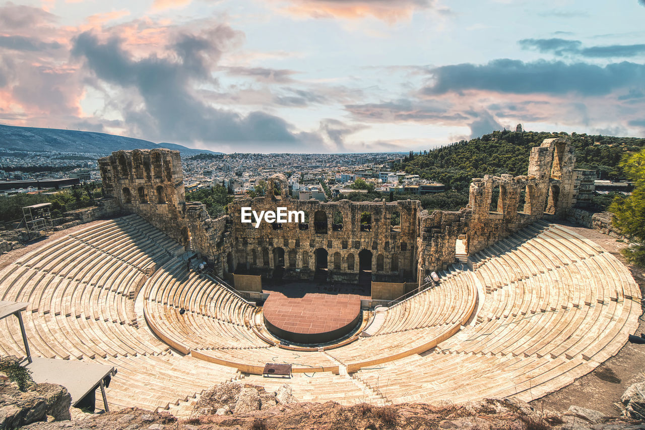 High angle view of ancient amphiteatre in athens against sky