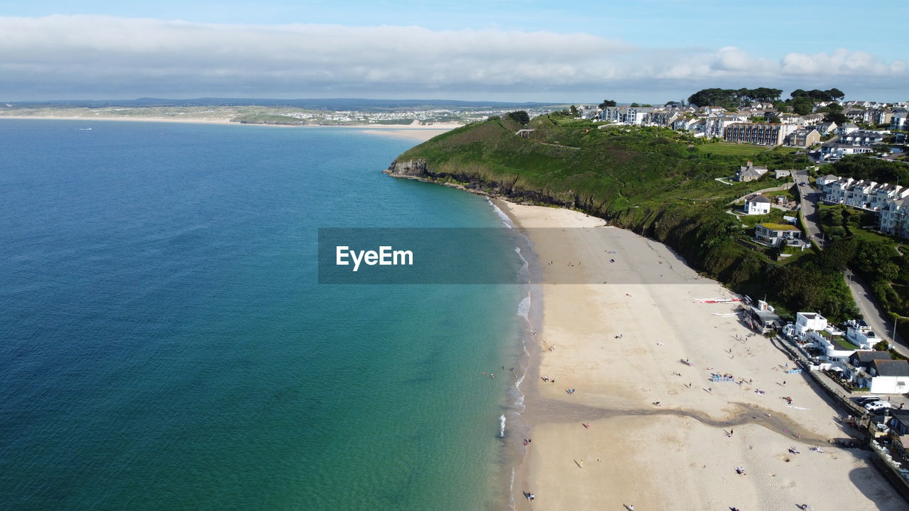 Aerial shot of carbis bay beach in st ives, cornwall  taken in july 2021 - g7 summit location 2021