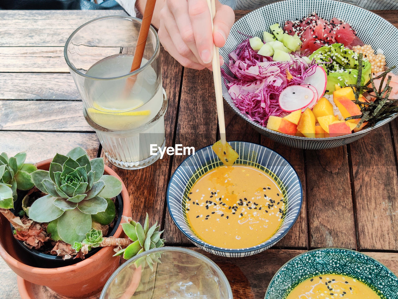 high angle view of food in bowl on table