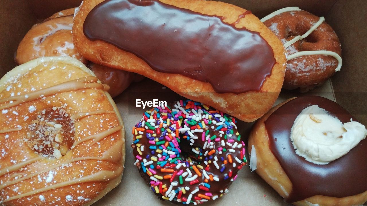 Close-up of donuts in box