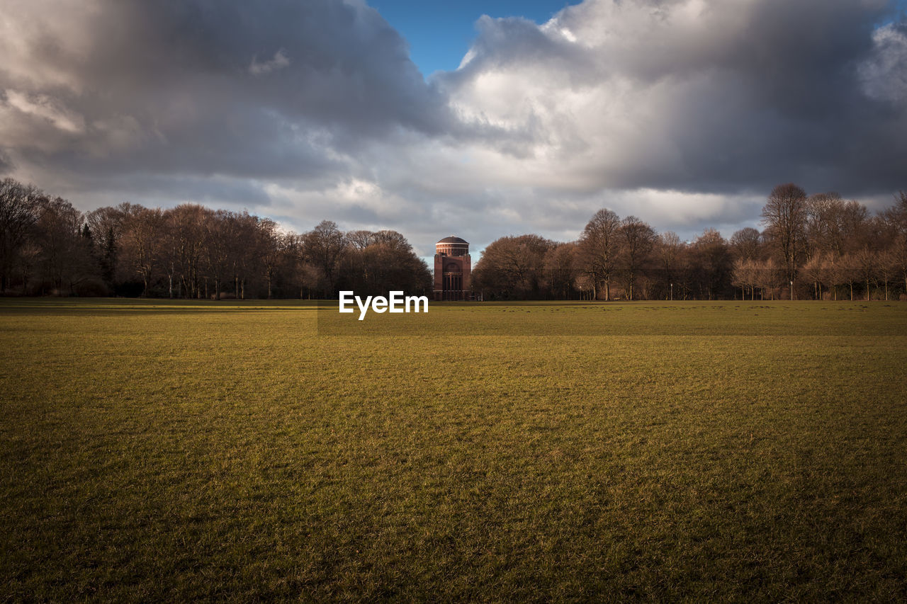 View of trees on field against cloudy sky