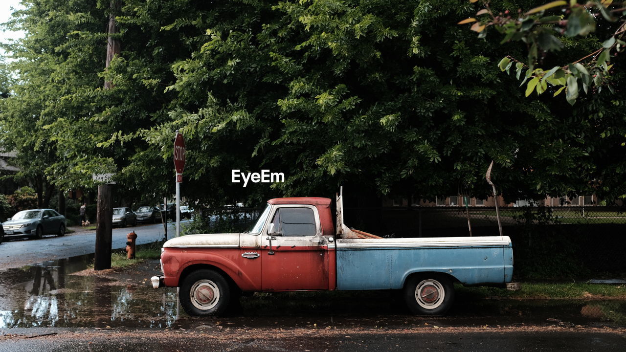 Pick-up truck parked by trees