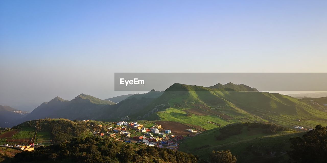 High angle view of mountains against clear sky