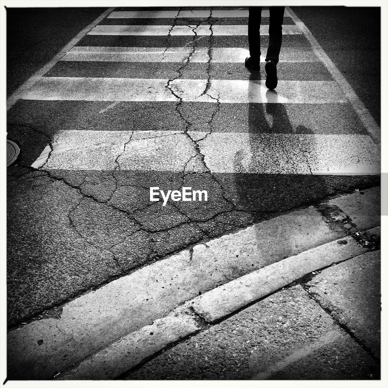 Low section of man walking across zebra crossing