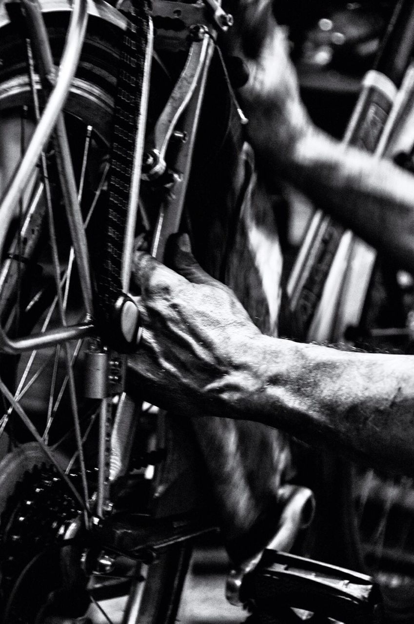 Cropped image of man working on bicycle