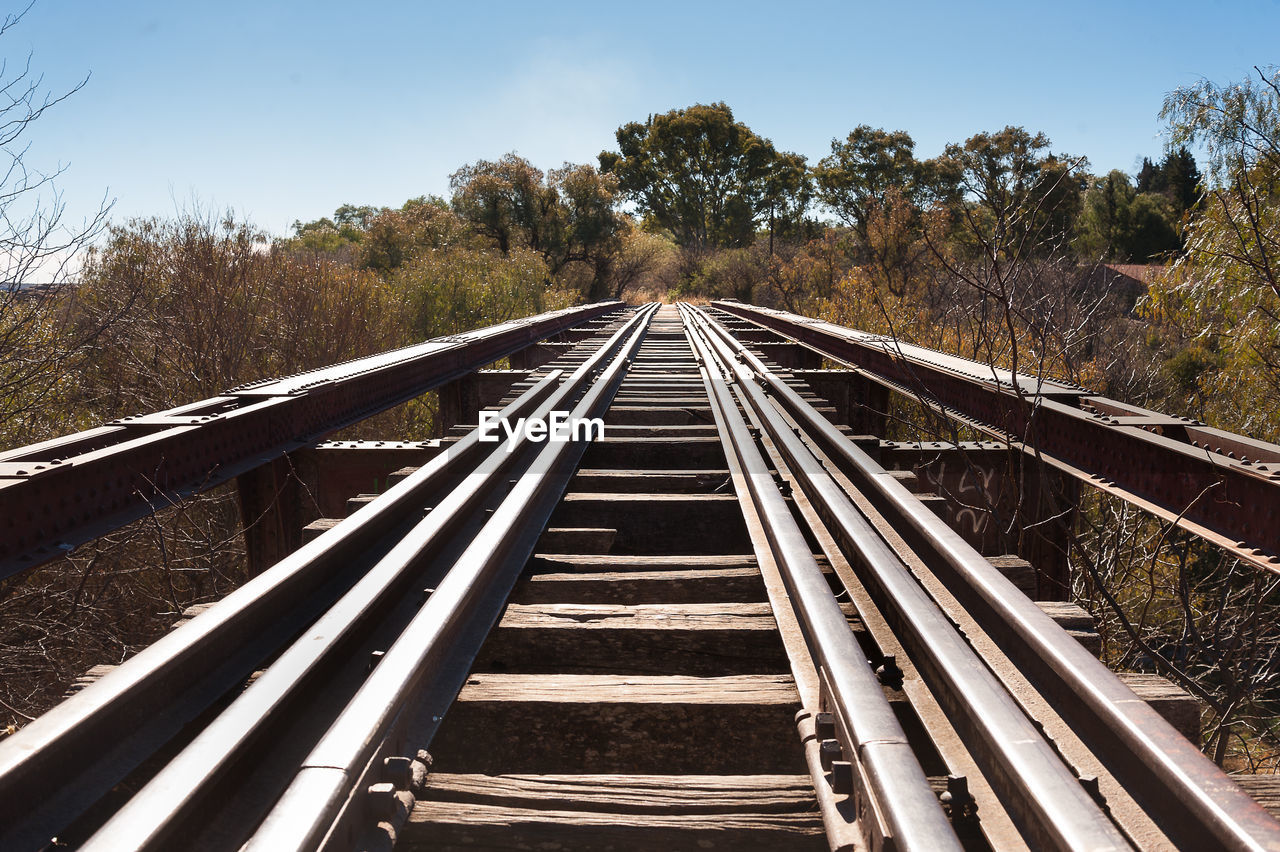 Railroad tracks against clear blue sky