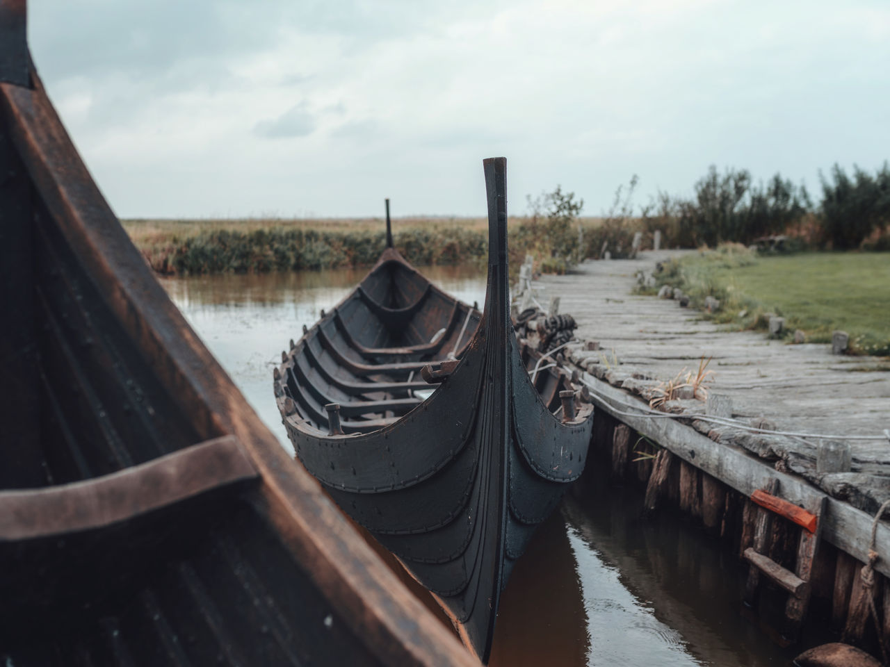 Viking boats moored on river amidst trees against sky 