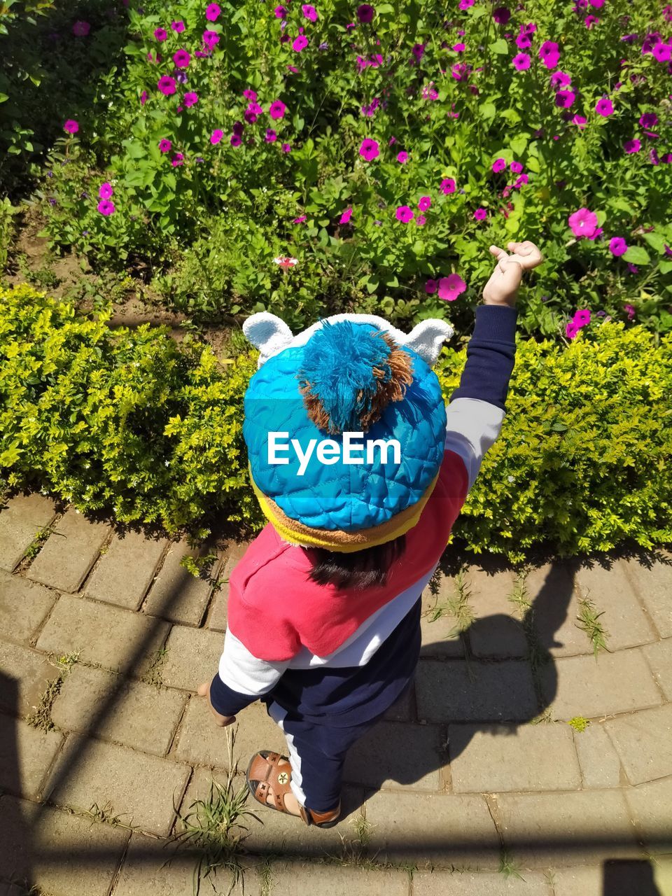 High angle view of baby boy standing on footpath