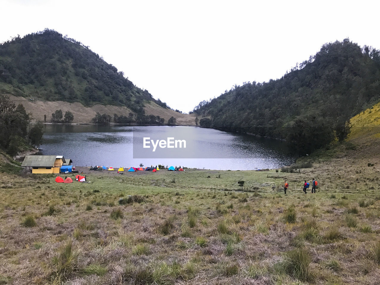 People walking on field by lake against clear sky