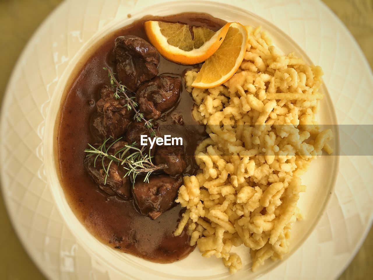 High angle view of venison ragout with spaetzle