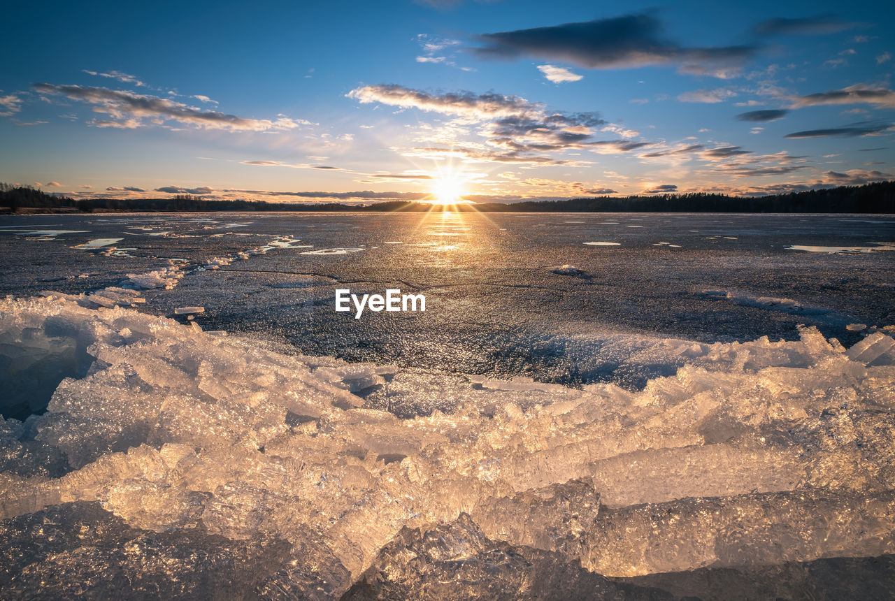 SCENIC VIEW OF SNOW COVERED LANDSCAPE AGAINST SKY DURING SUNSET