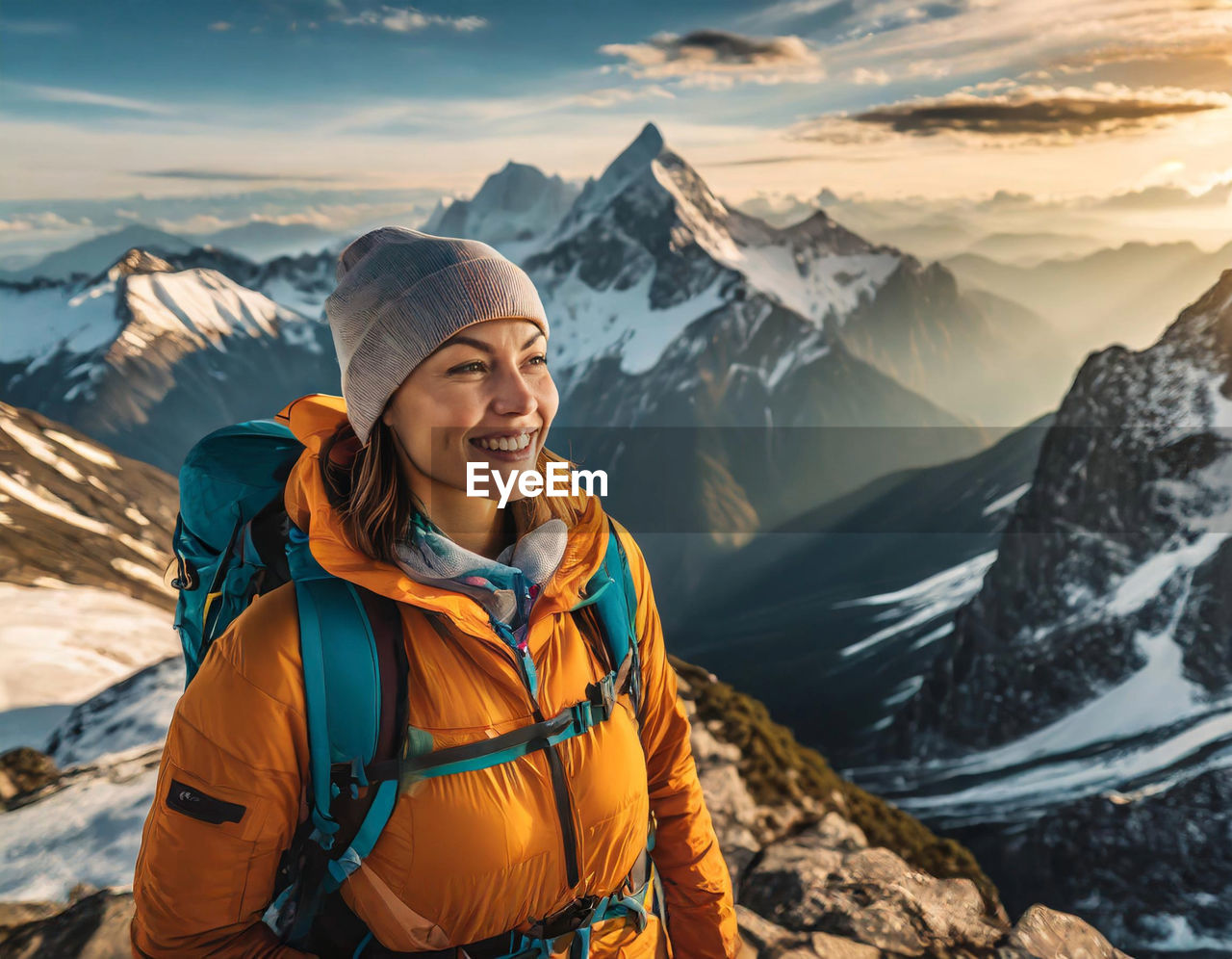 A lone hiker standing triumphantly on the summit of a mountain