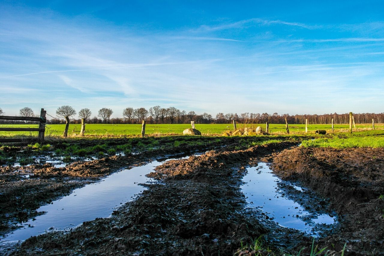 Water on agricultural field against blue sky
