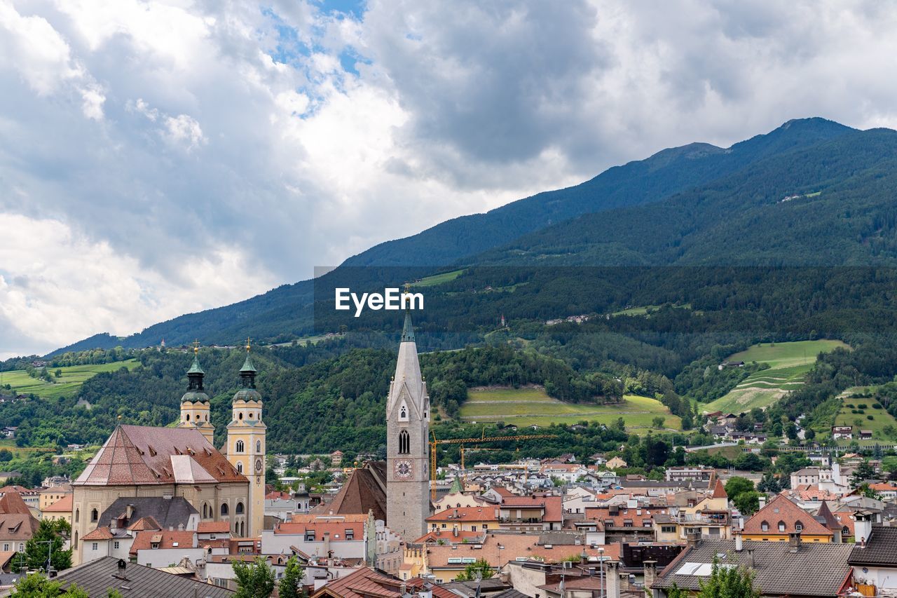 High angle view of townscape against sky in city