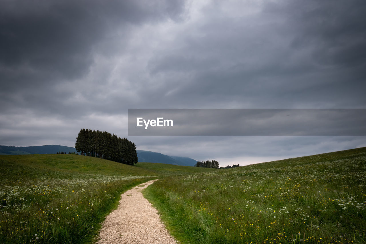 Empty road amidst field against sky