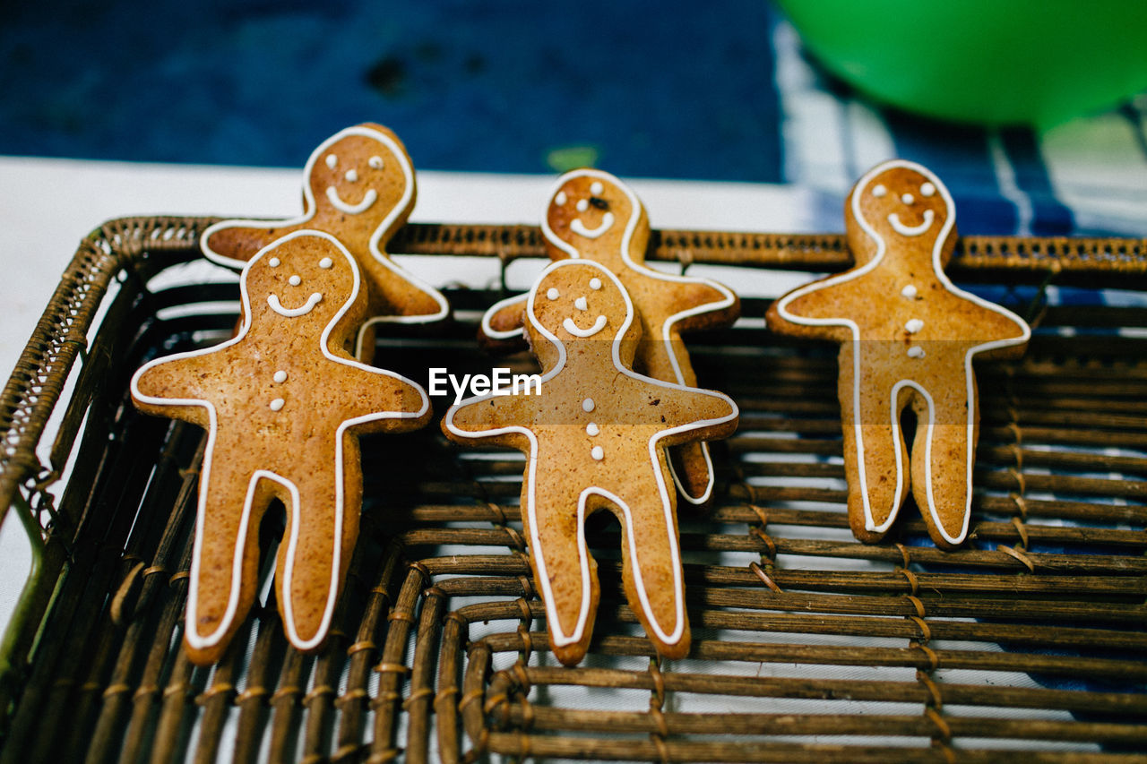 High angle view of gingerbread cookies in tray