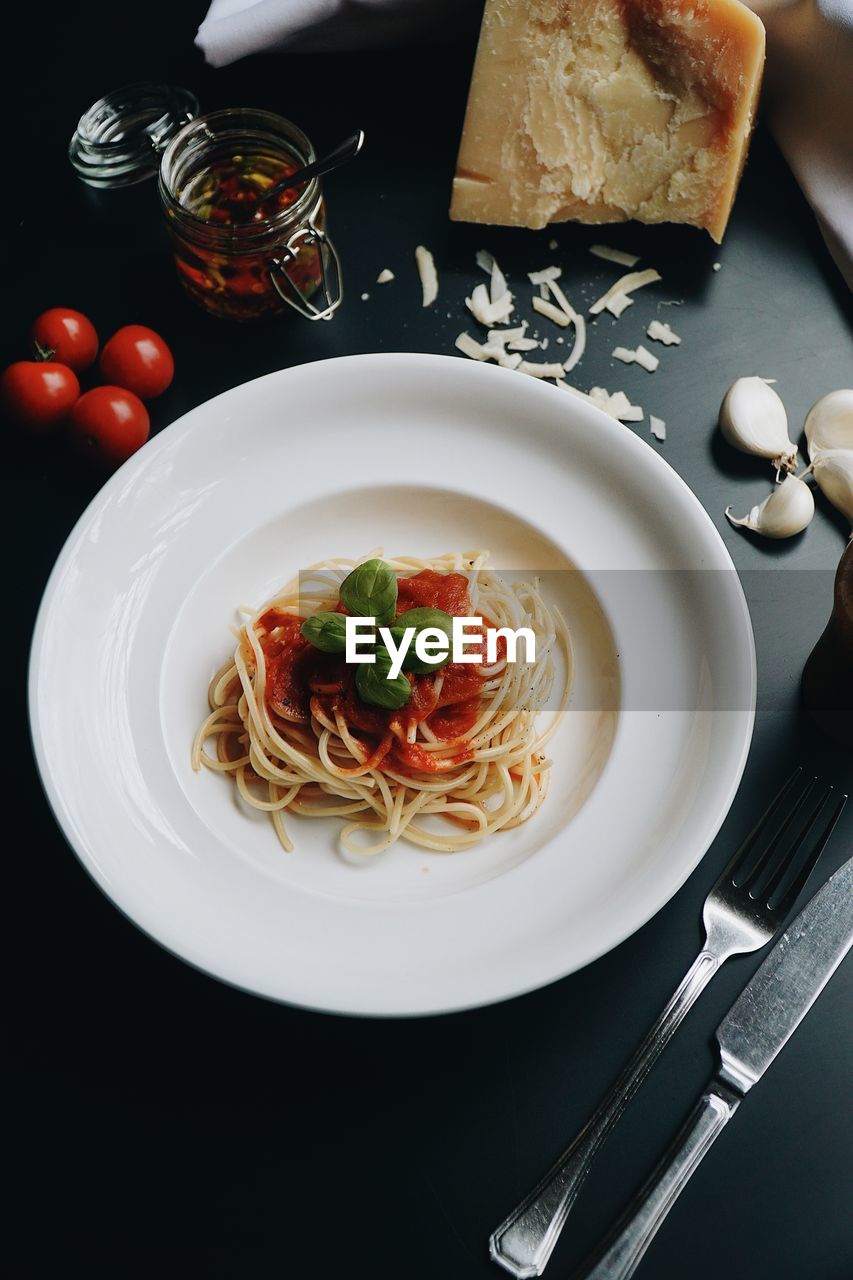 High angle view of meal served on table