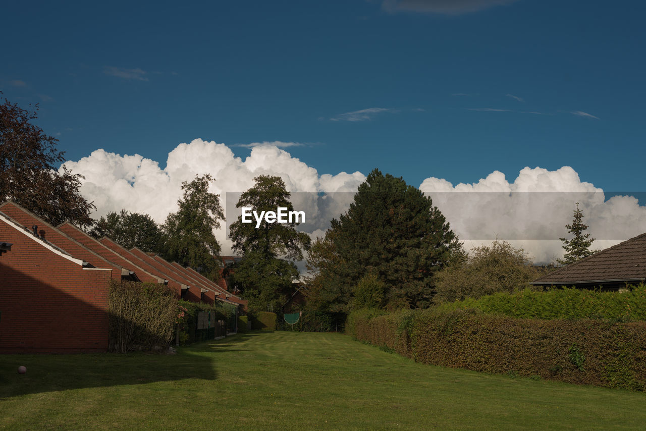 Scenic view of trees and houses against sky