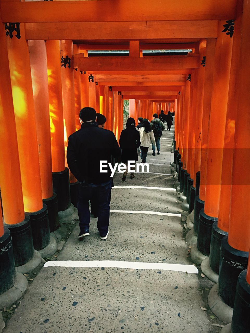 Rear view of people walking inside torii gate