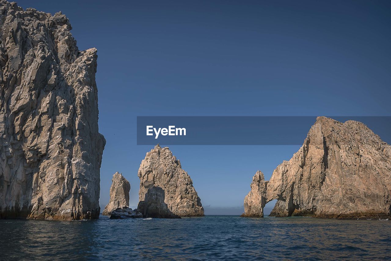 Panoramic view of sea and rocks against clear blue sky