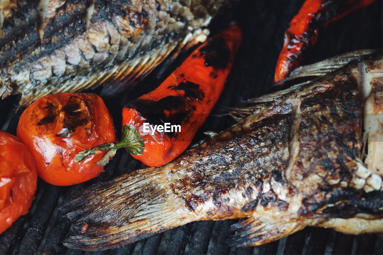 Close-up of seafood and vegetables on grill