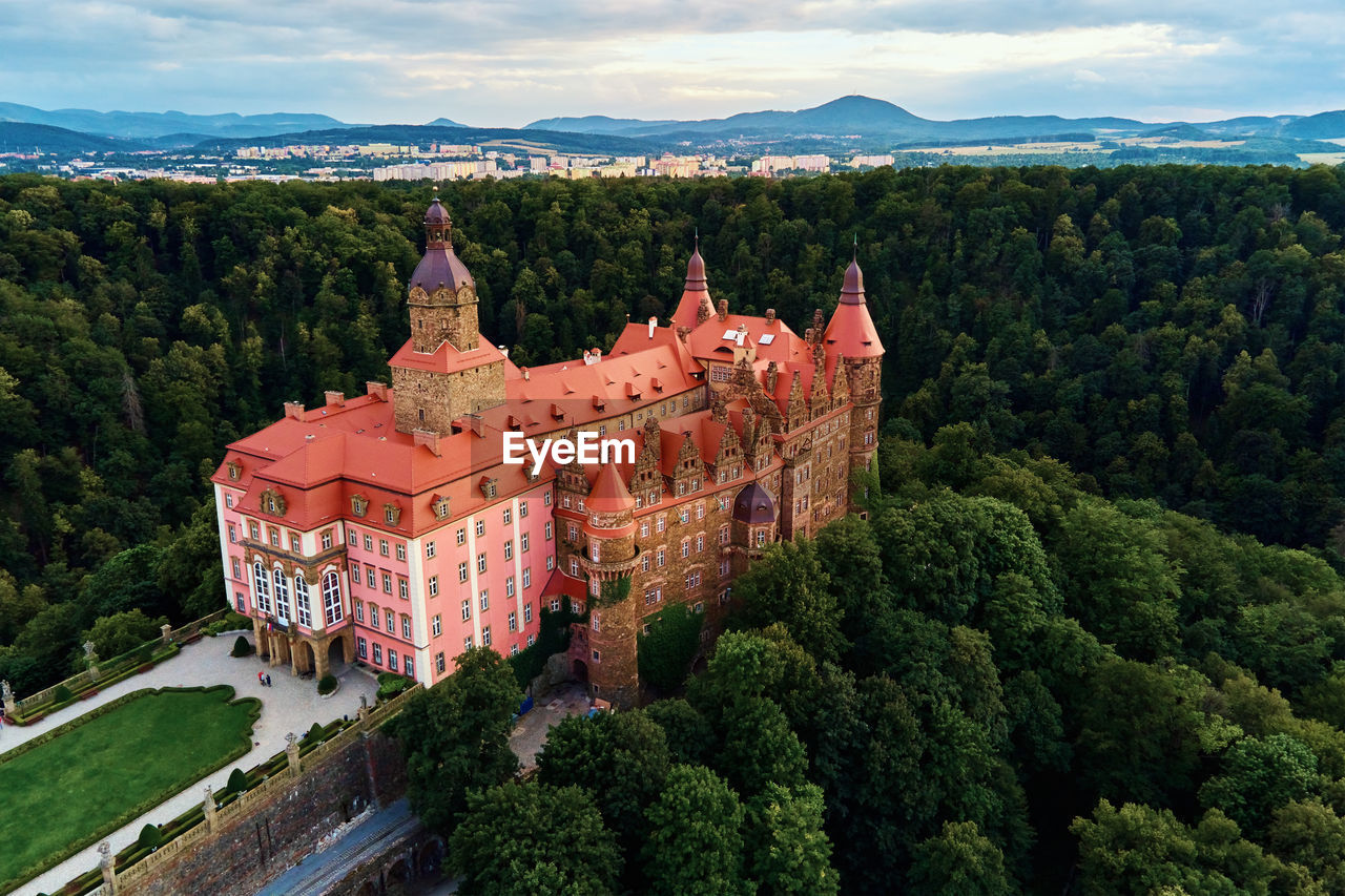 Ksiaz castle near walbzych at summer day, aerial view. famous touristic place
