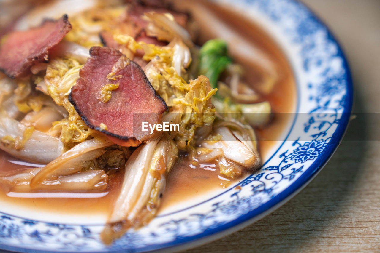food and drink, food, meat, healthy eating, dish, plate, cuisine, meal, indoors, no people, freshness, wellbeing, close-up, asian food, vegetable, selective focus, pork, dinner, seafood, table, noodle, produce, stew