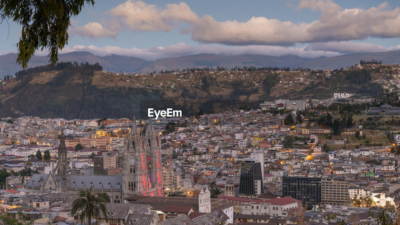 High angle shot of townscape against sky