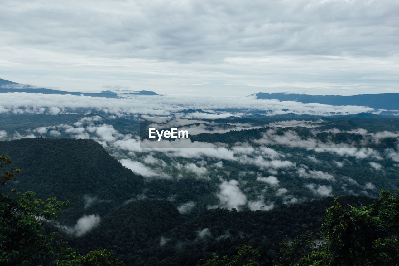 Scenic view of mountains against cloudy sky