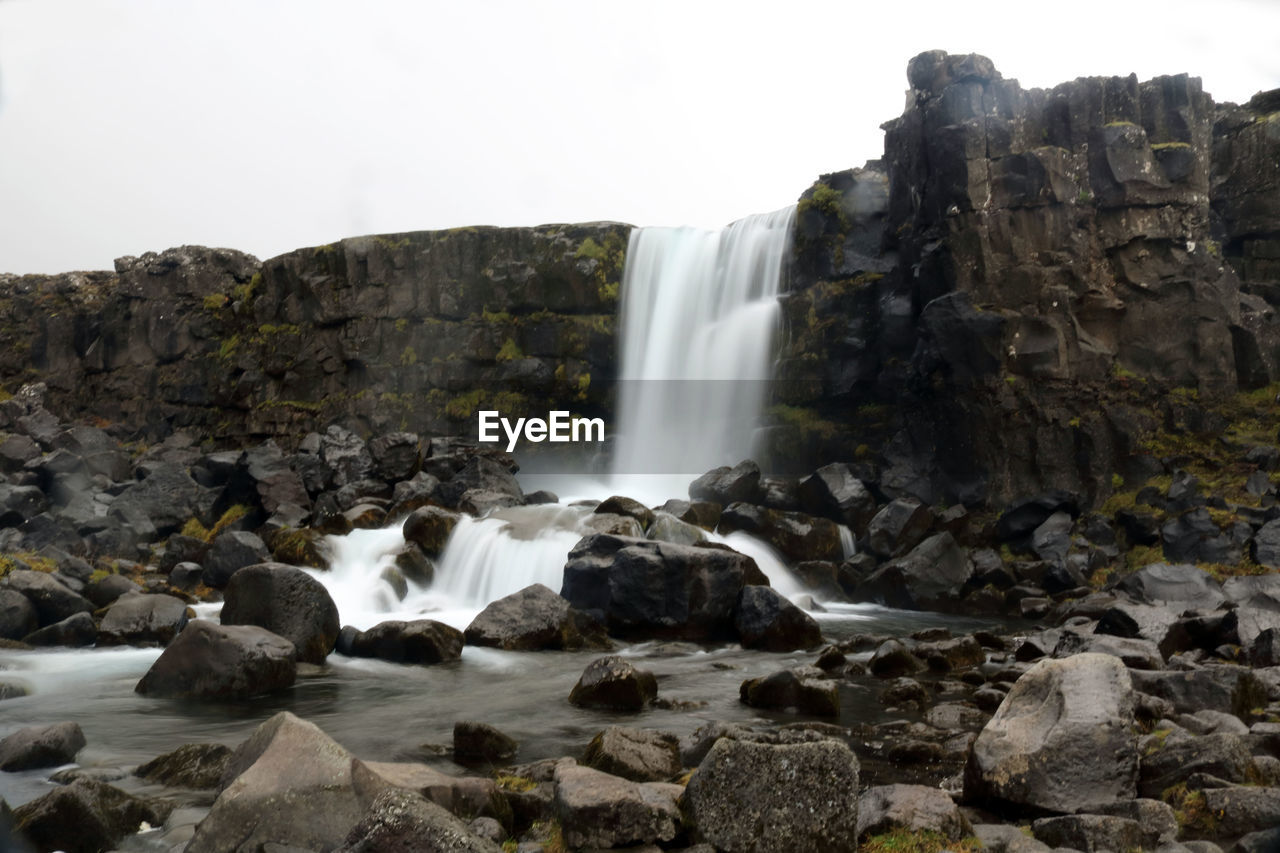 LOW ANGLE VIEW OF WATERFALL AGAINST ROCKS